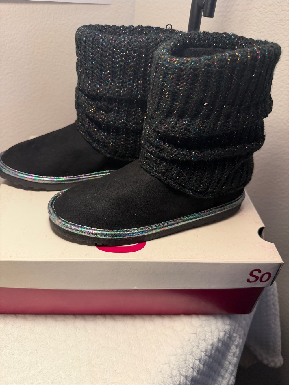 SO Black Kids Knit Cuff Boots with Iridescent Trim
